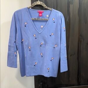 Alexandra Bartlett Light Blue V-Neck Sweater with Martini Embroidery